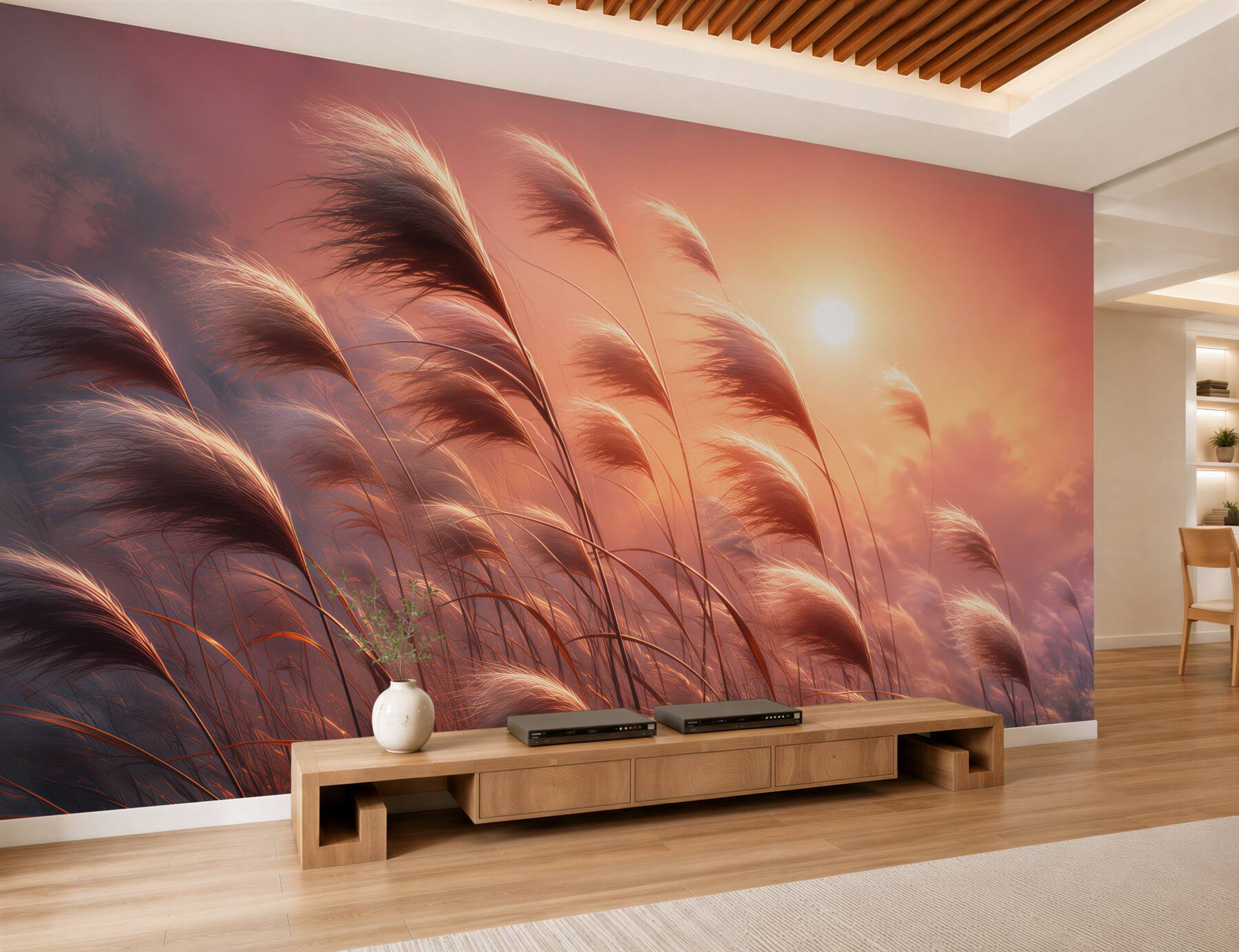 Fotobehang zonsondergang met gras
