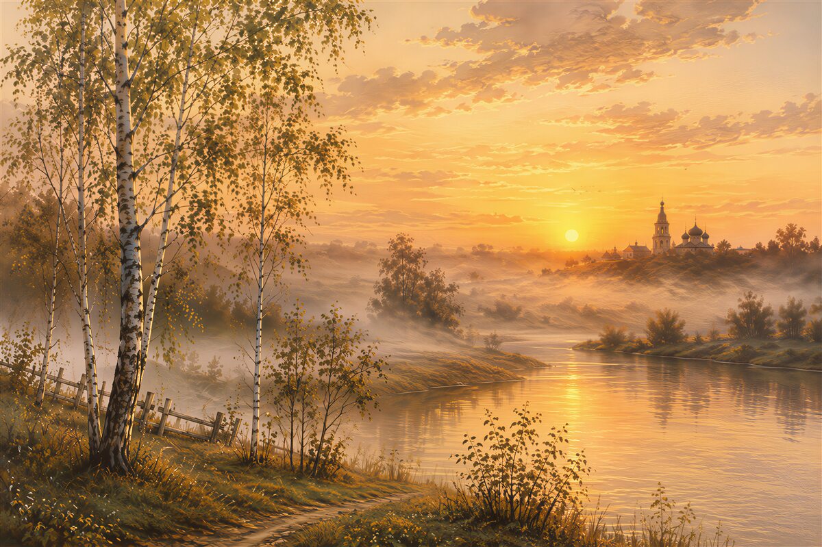 Fotobehang zonsondergang met berken
