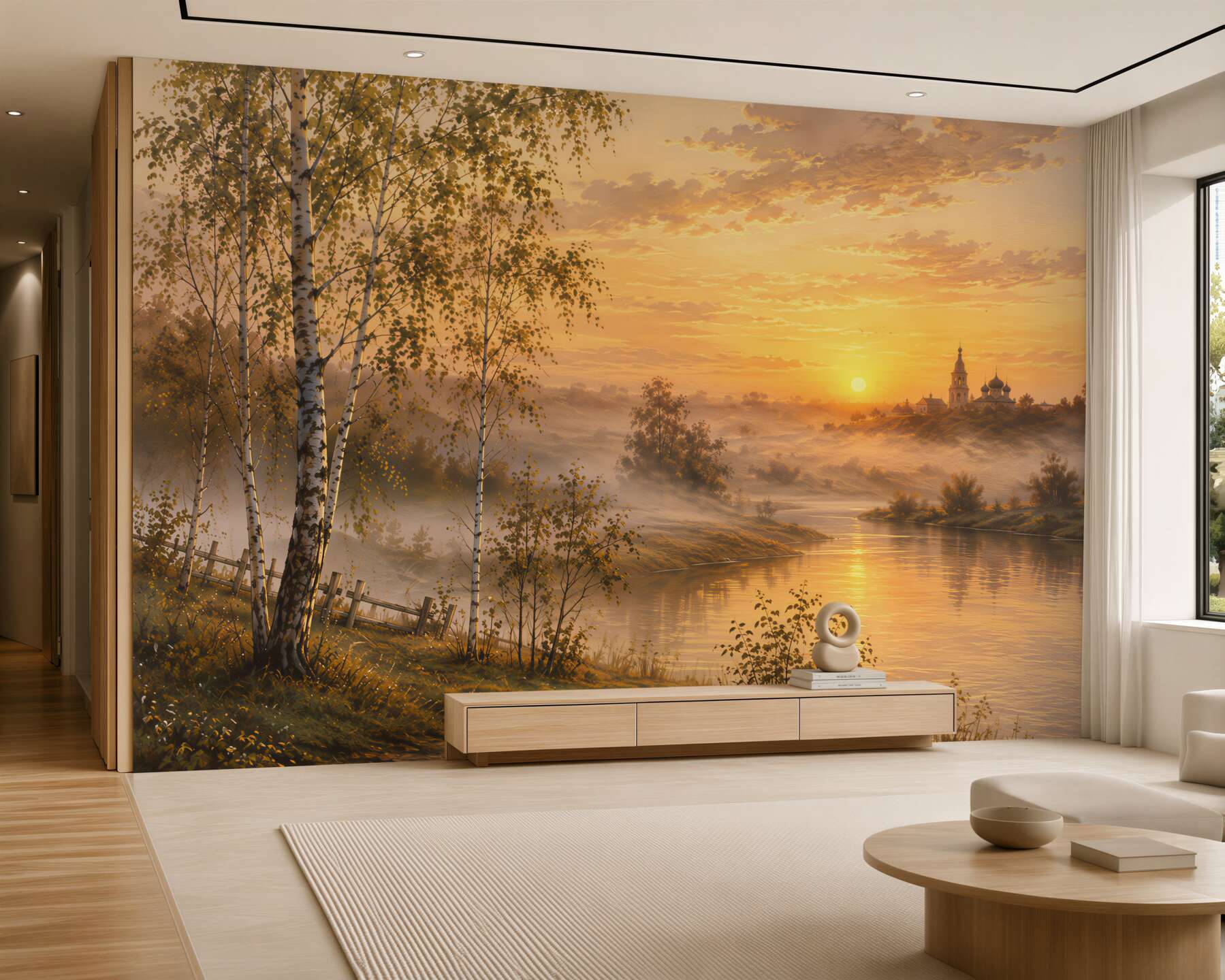 Fotobehang zonsondergang met berken