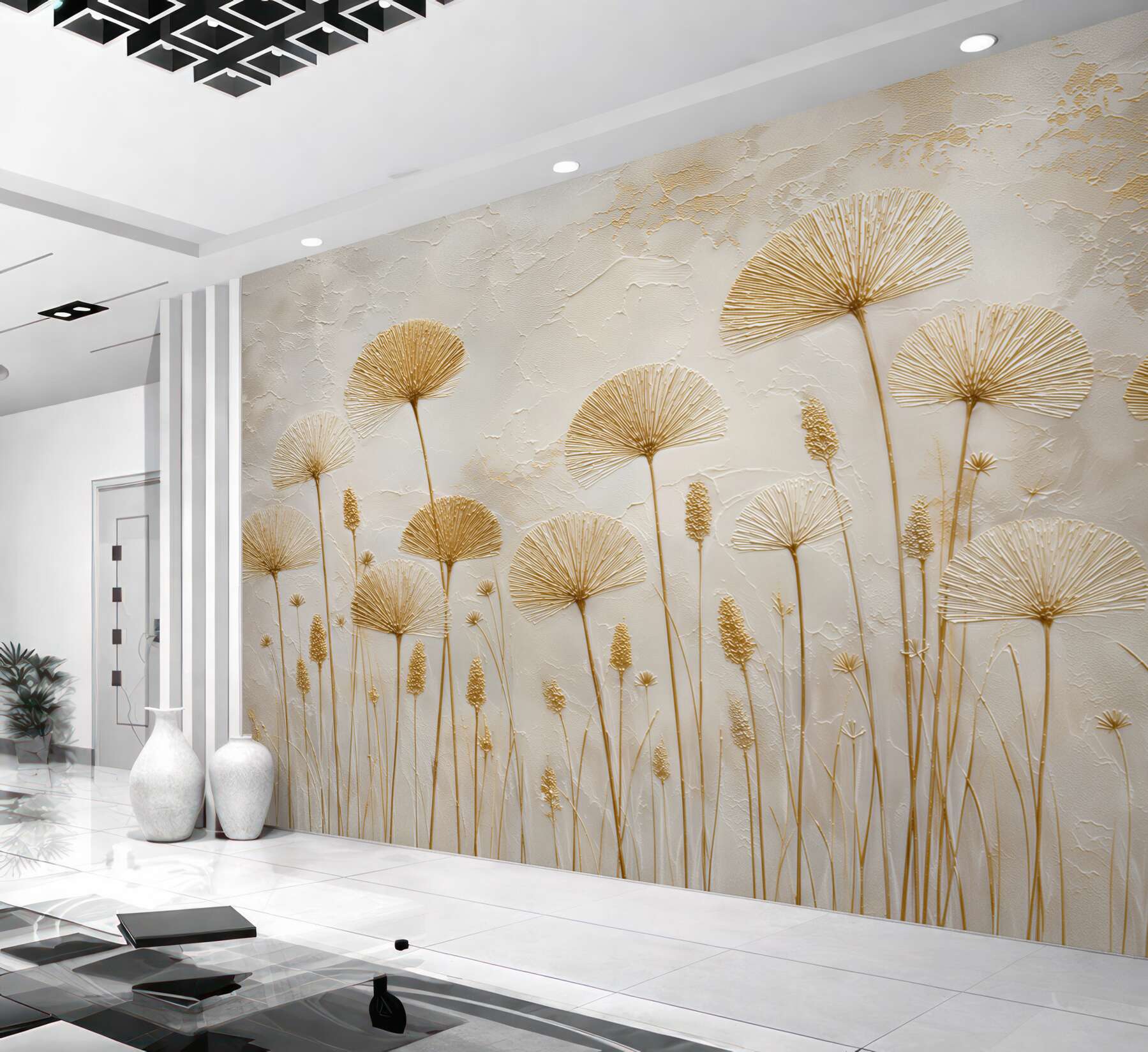 Fotobehang gouden paardenbloemen op de muur