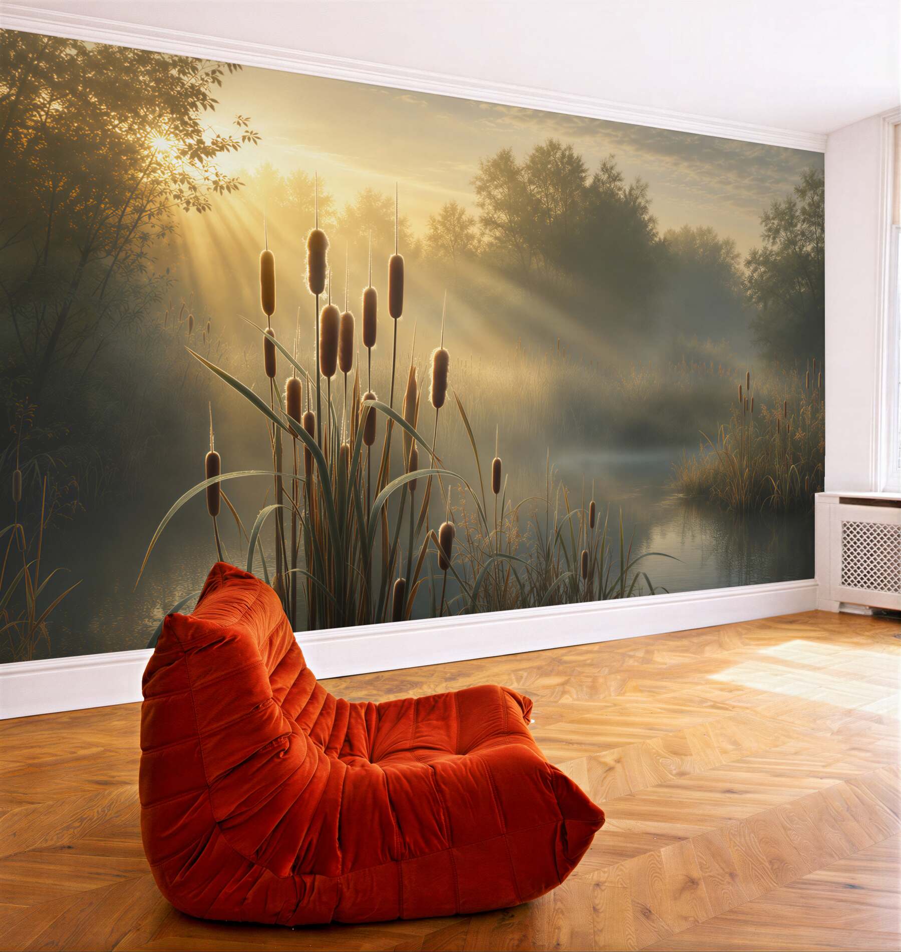 Fotobehang ochtend riet aan het meer