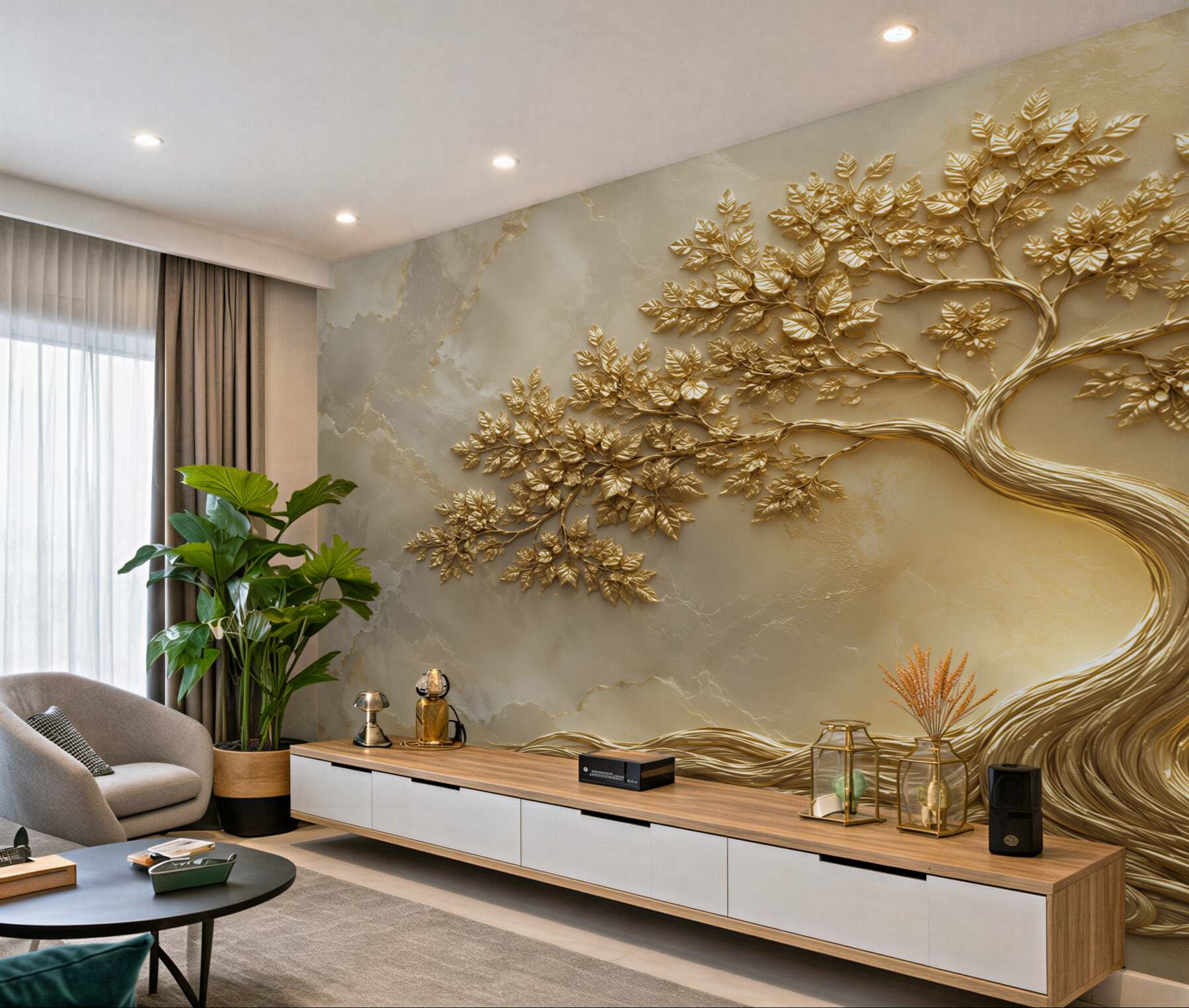 Fotobehang gouden boom op marmer