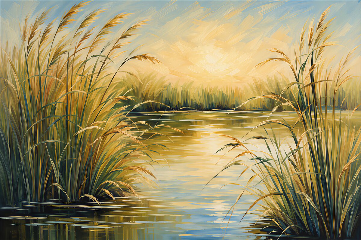Fotobehang gouden riet langs het meer