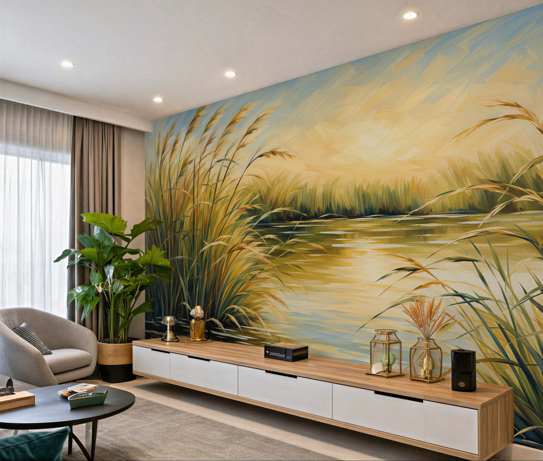 Fotobehang gouden riet langs het meer