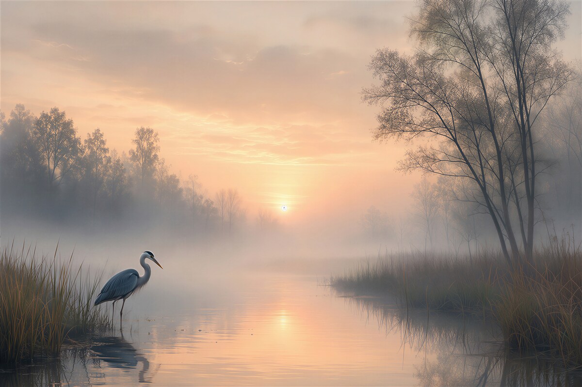 Fotobehang ochtend aan het meer met een reiger