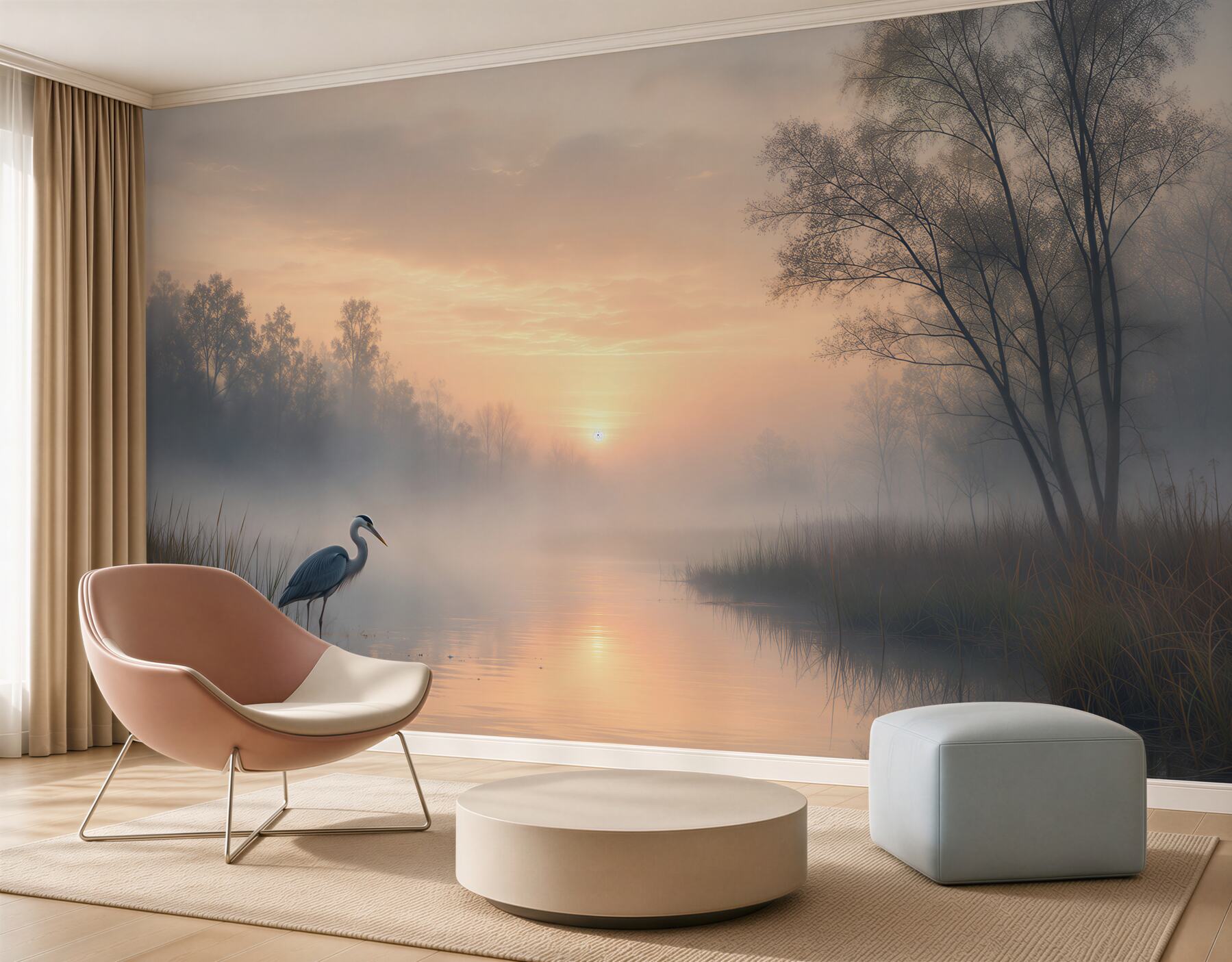 Fotobehang ochtend aan het meer met een reiger
