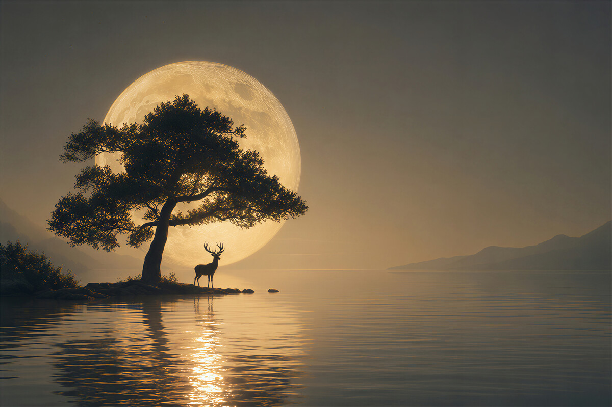 Fotobehang hert bij volle maan