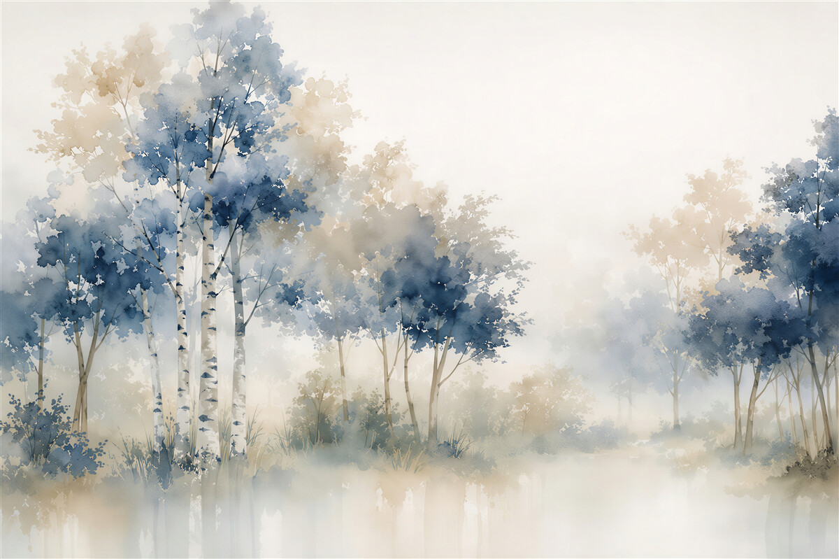 Fotobehang bos in de mist in aquarel