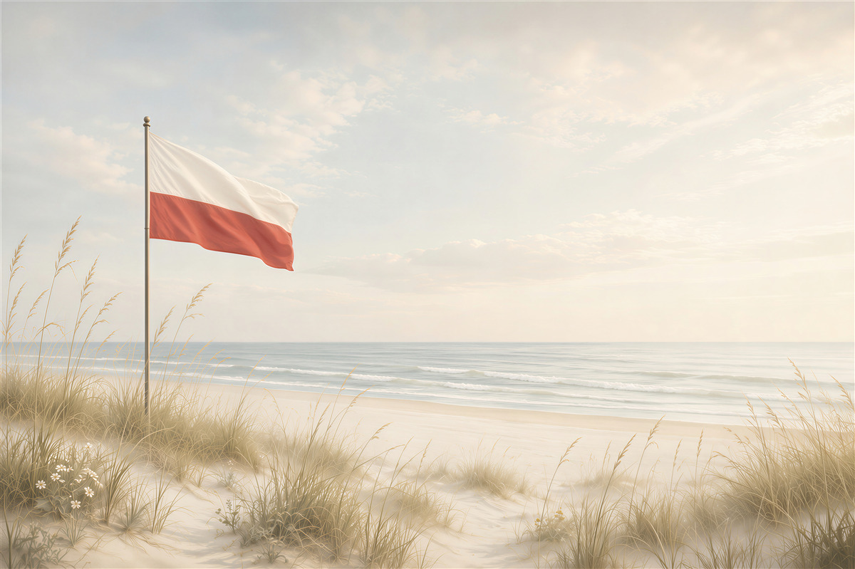 Fotobehang strand met de Poolse vlag