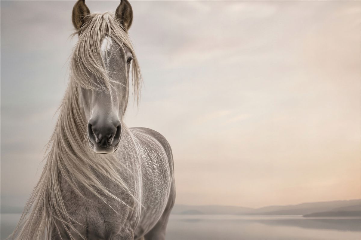 Fotobehang wit paard op achtergrond van landschap