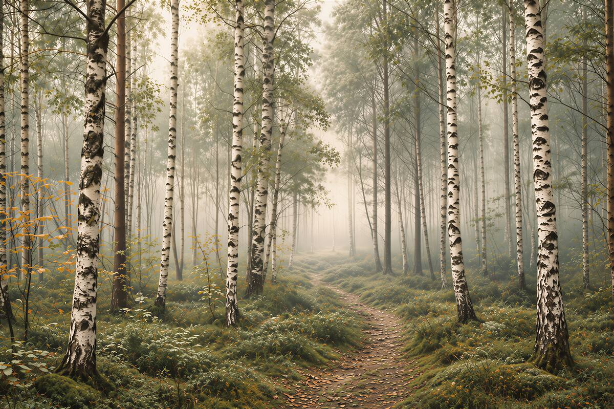 Fotobehang berkenbos in de mist