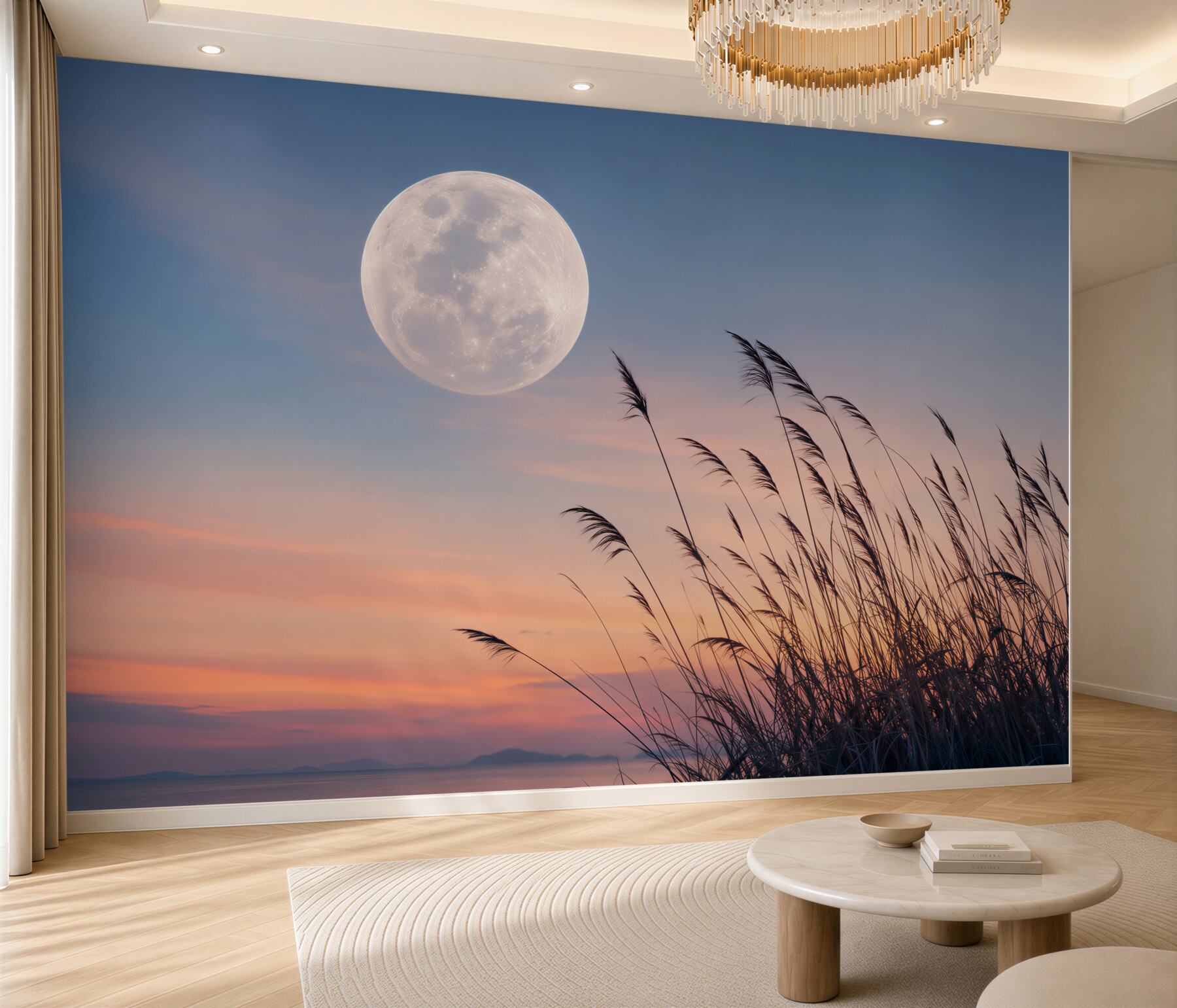 Fotobehang maan boven het gras
