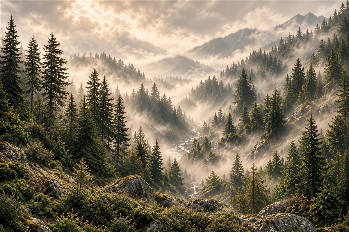 Fotobehang nevelig berglandschap