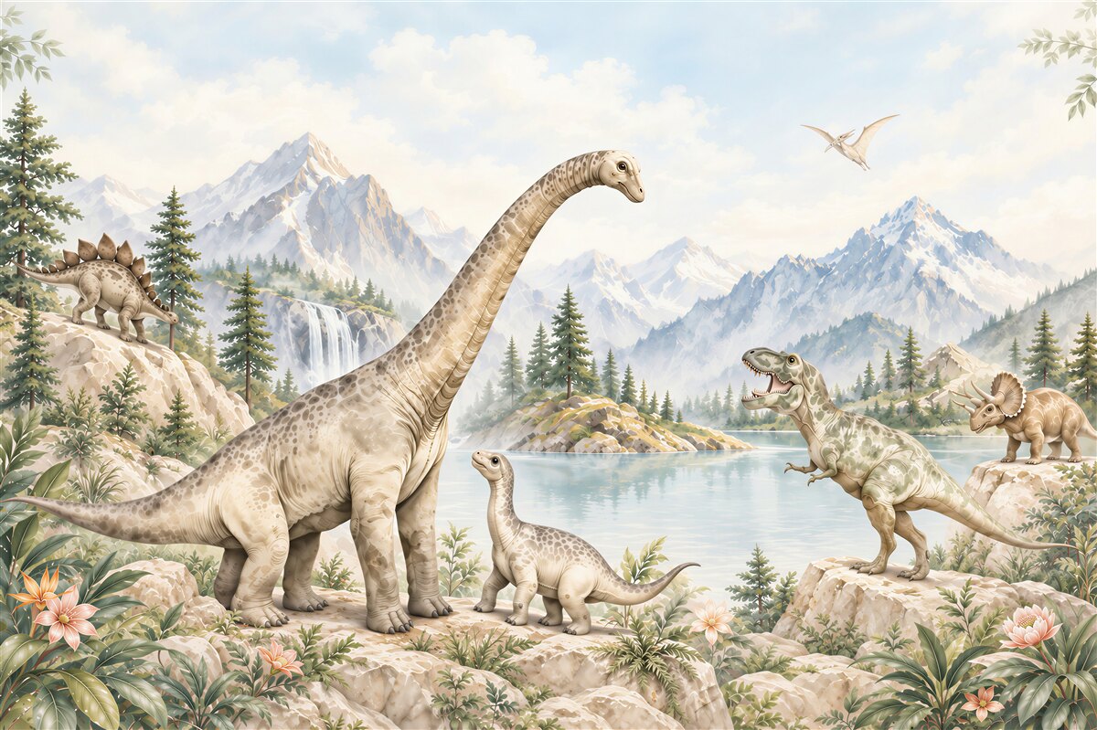 Fotobehang dinosaurussen in het berglandschap