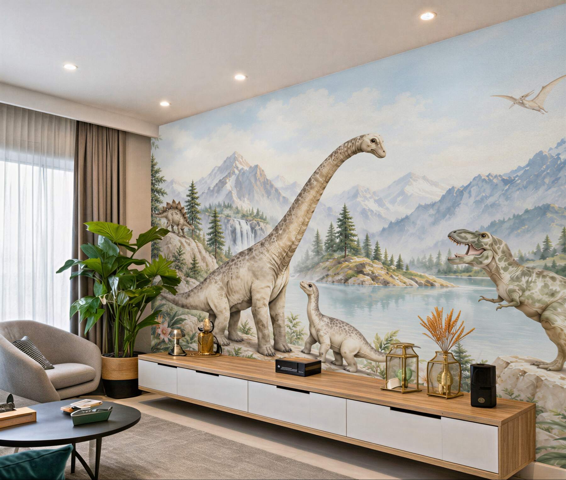 Fotobehang dinosaurussen in het berglandschap