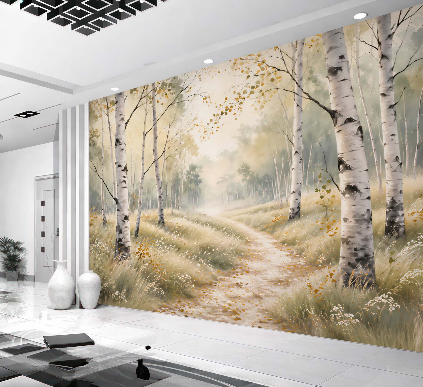 Fotobehang berkenbos in een mistige ochtend